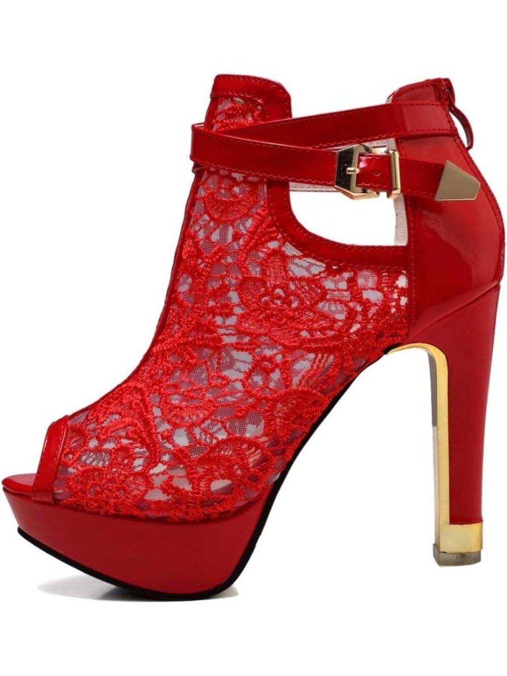 Women's Red Rubber Pretty Lace Flowers Open Toes High Heels Ankle Boots